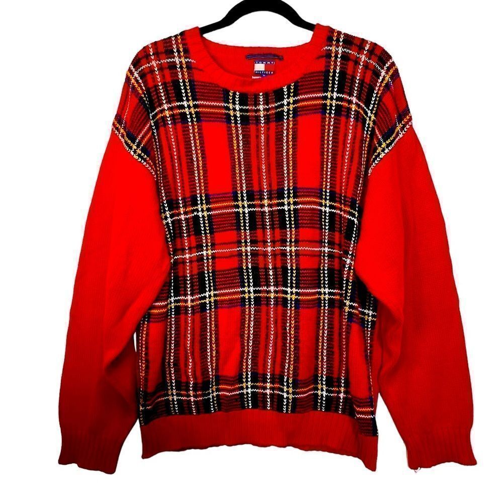 Vintage 90s Tommy Hilfiger Pullover Sweater Tartan Plaid Red Green Blue small